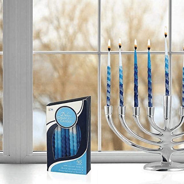 Premium Drip less Hand Made Decorated Hanukkah Candles Set of 45 Blue Shades Spiral Menorah Candles with Prayer Card and DIY Dreidel, Enough for Eight Nights of Chanukah