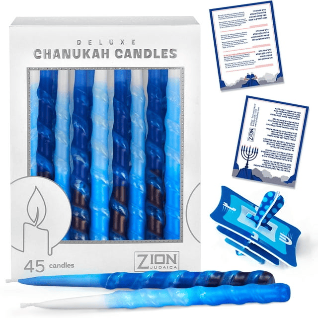 Premium Drip less Hand Made Decorated Hanukkah Candles Set of 45 Blue Shades Spiral Menorah Candles with Prayer Card and DIY Dreidel, Enough for Eight Nights of Chanukah