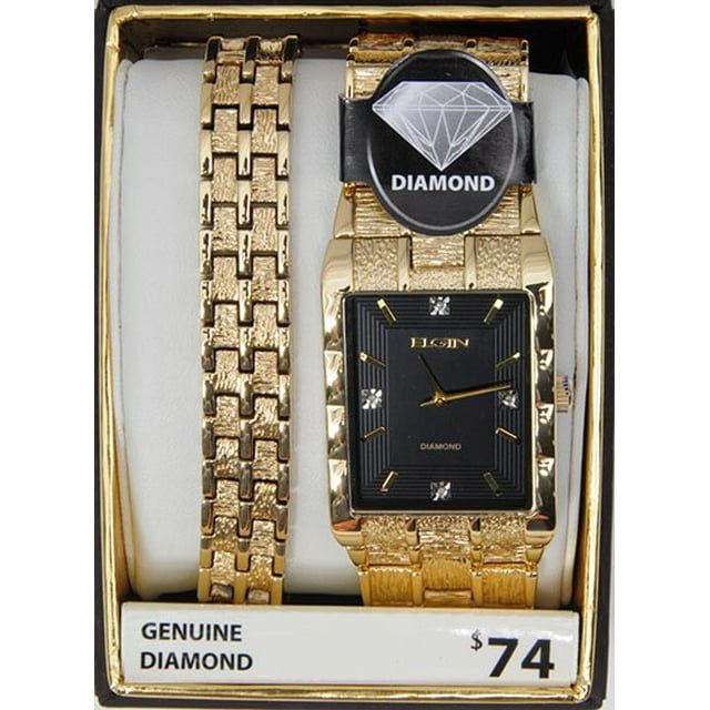 Elgin Adult Male Analog Metal Bracelet Watch Set in Gold with 4 Diamonds (FG9031ST)