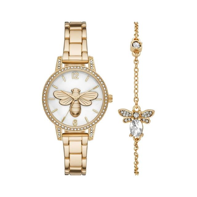 Time and Tru Women's Gold Tone Bee Watch and Bracelet Set