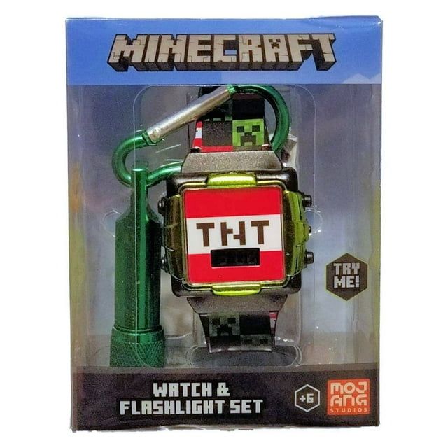 Minecraft TNT Creepr Unisex Flashing Black LCD Silicone Watch with Matching Flashlight 2 Piece Set