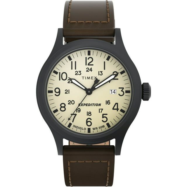 Timex Men's Expedition Scout 40mm Watch ¨C Cream Dial Black Case & Brown Leather Strap