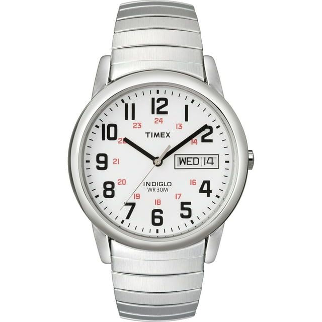 Timex Men's Easy Reader Day-Date Silver/White 35mm Casual Watch, Extra-Long Expansion Band