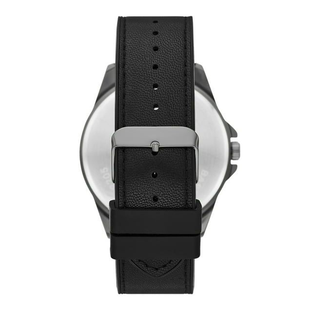 George Men's Watch Set: Gunmetal Case, Black Dial, Textured Vegan Leather Band, Braided PU Band, Stretchy Bead Bracelet (FMDXGE038).