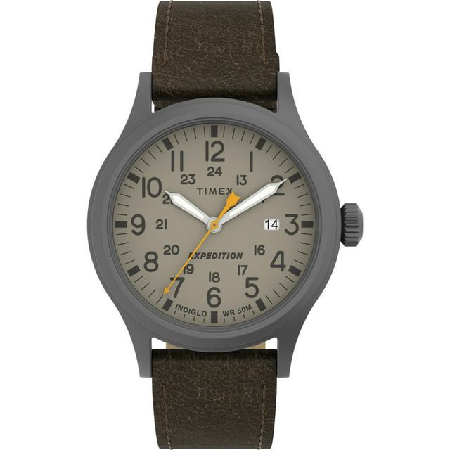 Timex Men's Expedition Scout 40mm Watch ¨C Gunmetal Case Khaki Dial with Dark Brown Leather Strap