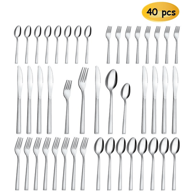 Silverware Set Service for 8, Hunnycook 40 Pieces Square Handle Stainless Steel Flatware Set, Mirror Polished Cutlery Set for Home Kitchen Restaurant, Dishwasher Safe