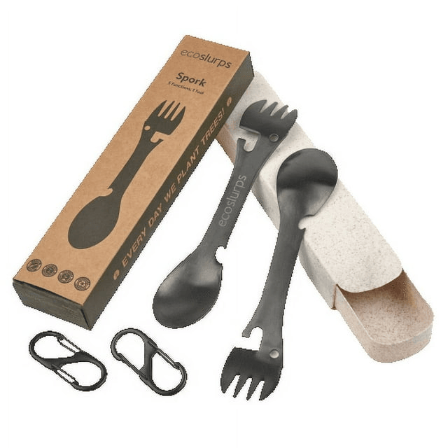 EcoSlurps 2 Spork Travel Cutlery Set - Stainless Steel Sporks with Eco-friendly Travel Case and Carry Clip - Reusable Cutlery British Brand (2 Sporks)