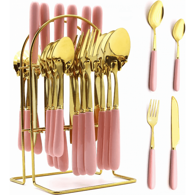 Gold Silverware Set, Caliamary 24 Pieces Flatware Set with Silverware Holder, Stainless Steel Knives and Forks and Spoons Cutlery Set Service for 6, Kitchen Utensil Tableware Set with Pink Handle