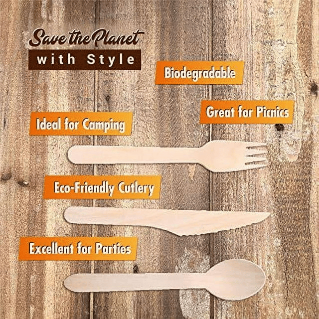 Biodegradable Disposable Wooden Cutlery Utensils ¨C (Pack of 220) Wooden Utensils for Eating 100 Forks 60 Knives 60 Spoons 5.5-inch Set Eco-Friendly Compostable Silverware Kit Party Supplies Events