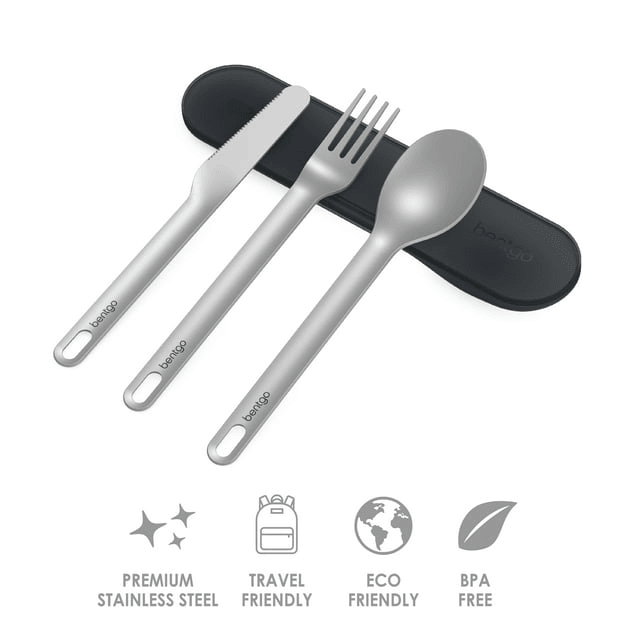 Bentgo Stainless Travel Utensil Set - Reusable 3-Piece Silverware Set with Carrying Case, High-Grade Premium Steel, BPA-Free Case, Eco-Friendly - Ideal for Travel, Camping, and Office Use (Carbon)