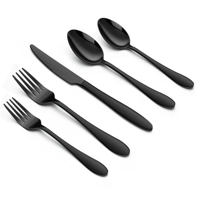 Walchoice 20 Piece Black Silverware Set, Stainless Steel Flatware for 4, Elegant Cutlery Set Includes Knives Forks Spoons, Mirror Polished & Dishwasher Safe