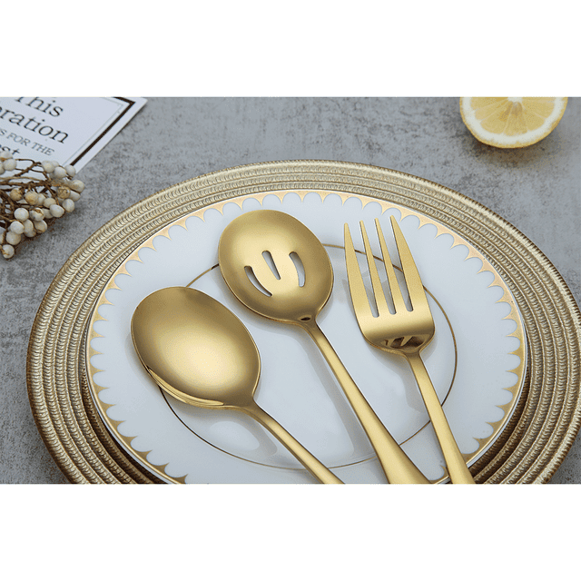 ReaNea Gold Flatware Serving Set of 8 Pieces, Silverware Serving Utensils Large Spoon Set