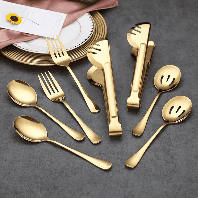 ReaNea Gold Flatware Serving Set of 8 Pieces, Silverware Serving Utensils Large Spoon Set