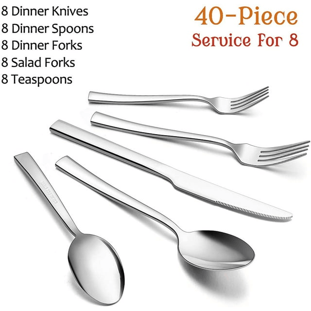 40-Piece Silverware Set, Vesteel Stainless Steel Flatware Set Service for 8, Modern Tableware Cutlery Set for Home and Restaurant, Square Edge & Mirror Finish, Dishwasher Safe