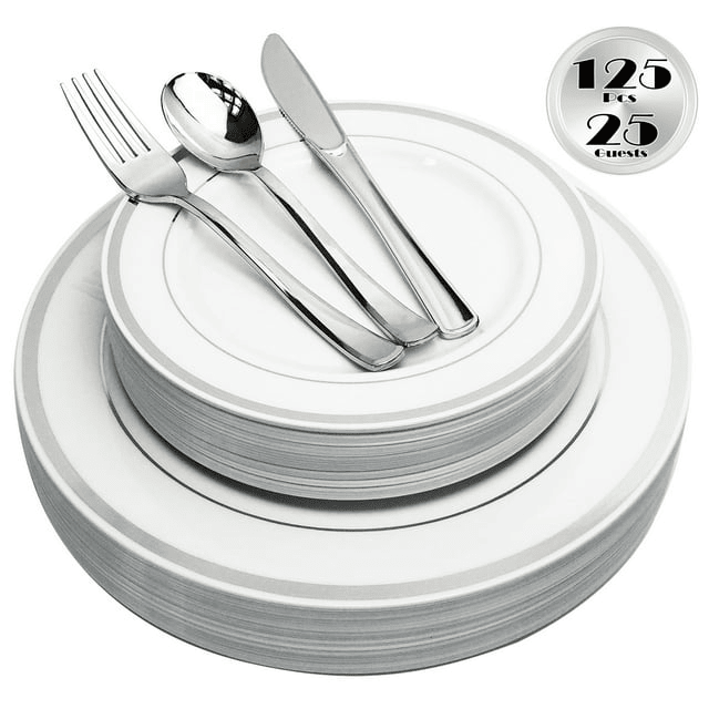 JL Prime 125 Piece Silver Plastic Plates & Cutlery Set, Re-usable Recyclable Plastic Plates with Silver Rim & Silverware, 25 Dinner Plates, 25 Salad Plates, 25 Forks, 25 Knives, 25 Spoons