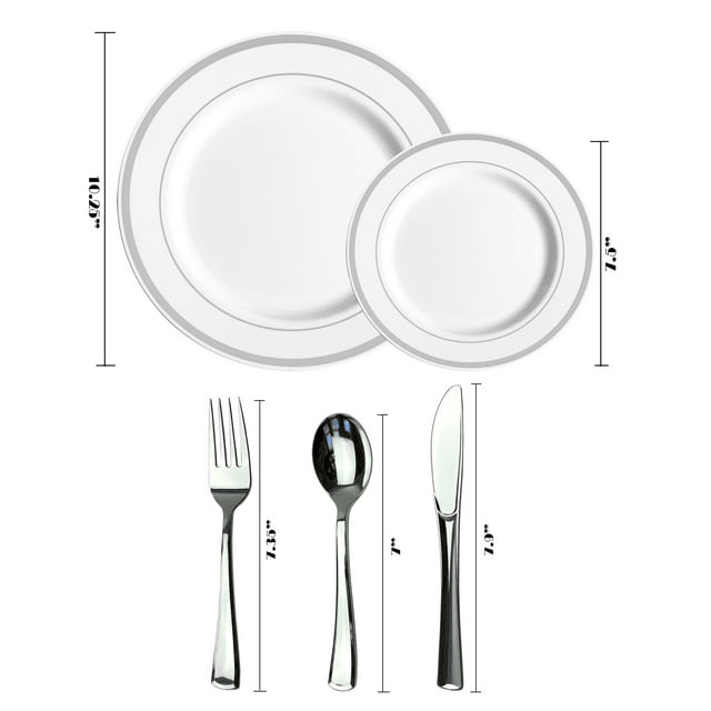 JL Prime 125 Piece Silver Plastic Plates & Cutlery Set, Re-usable Recyclable Plastic Plates with Silver Rim & Silverware, 25 Dinner Plates, 25 Salad Plates, 25 Forks, 25 Knives, 25 Spoons