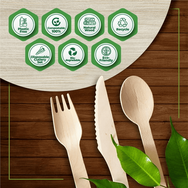 Disposable Wooden Cutlery Set - 300 Pcs Disposable Wooden Cutlery with Forks, Knives, & Spoons, Compostable & Biodegradable Utensils