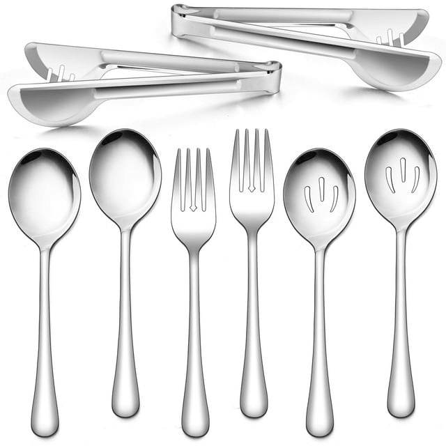 Walchoice 8 Pieces Serving Utensils Set, Stainless Steel Hostess Set, Includes Slotted Spoon/Serving Spoon/Serving Fork/Serving Tongs, Mirror Polished & Dishwasher Safe