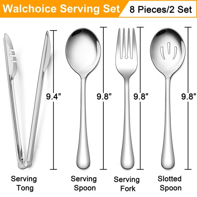 Walchoice 8 Pieces Serving Utensils Set, Stainless Steel Hostess Set, Includes Slotted Spoon/Serving Spoon/Serving Fork/Serving Tongs, Mirror Polished & Dishwasher Safe