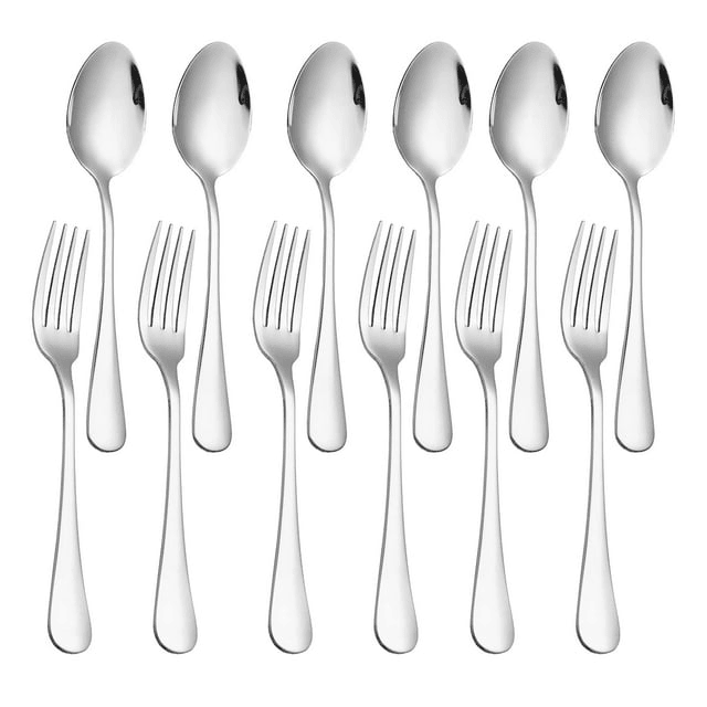 Emlimny 12-piece Forks(8 inch) and Spoons(7 inch) Silverware Set, Food Grade Stainless Steel Flatware Cutlery Set for Home, Kitchen and Restaurant, Mirror Polished, Dishwasher Safe