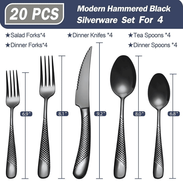 Runfly 20 Piece Hammered Black Silverware Set, 18/10 Stainless Steel Flatware Set, Set Service for 4