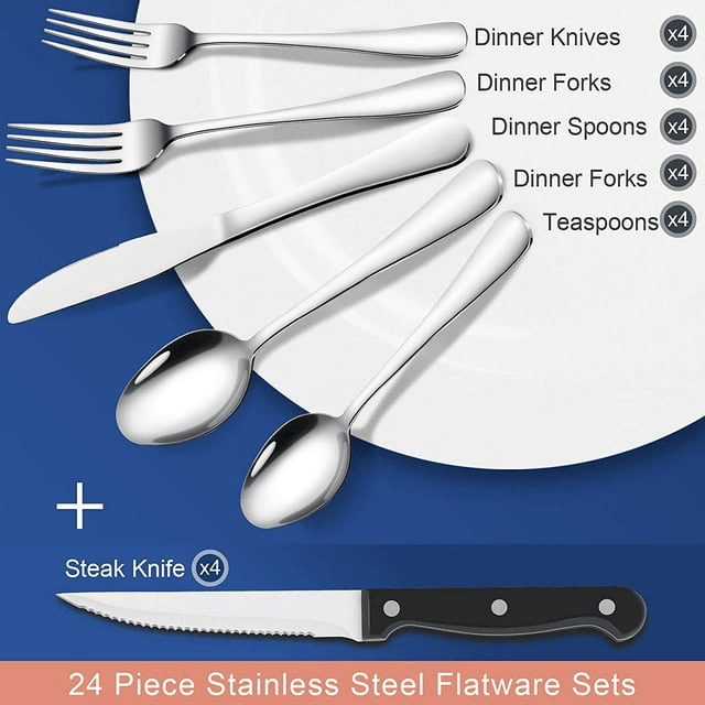 Cibeat 24-Piece Silverware Set with Steak Knives, Stainless Steel Flatware Set, Kitchen Cutlery Set for 4, Include Steak Knife/Fork/Spoon, Dishwasher Safe