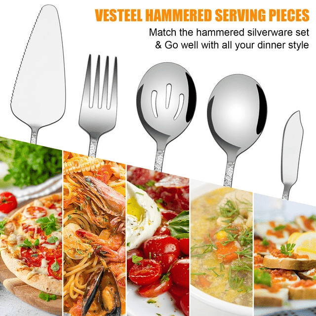 Vesteel 45-Piece Silverware Set with Serving Utensils, Stainless Steel Hammered Flatware Cutlery Set for 8 Include Forks Knives Spoons, Heavy Duty & Mirror Polished