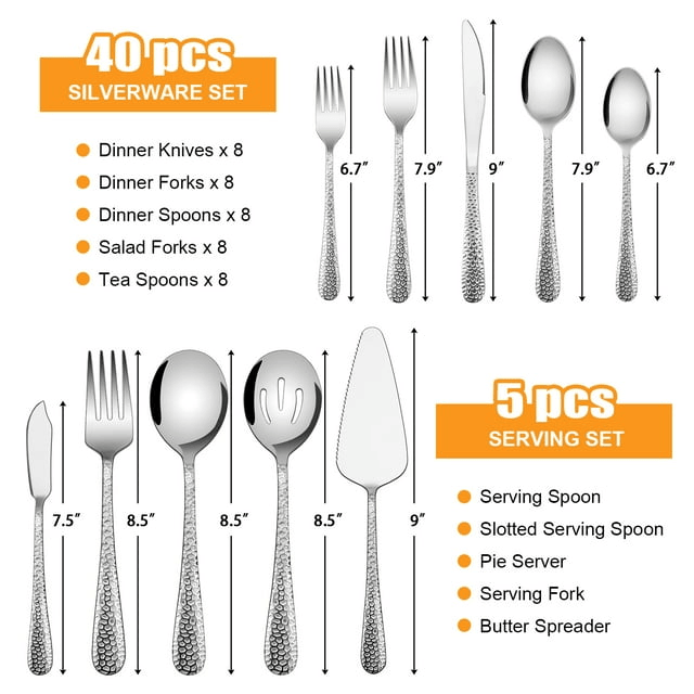 Vesteel 45-Piece Silverware Set with Serving Utensils, Stainless Steel Hammered Flatware Cutlery Set for 8 Include Forks Knives Spoons, Heavy Duty & Mirror Polished