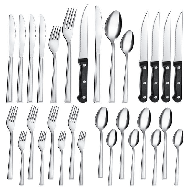 Bestdin 24 Pieces Silverware Set with Steak Knives, Stainless Steel Flatware Sets Service for 4, Mirror Polished Pattern Design Tableware Sets for Home Kitchen Restaurant Hotel, Dishwasher Safe