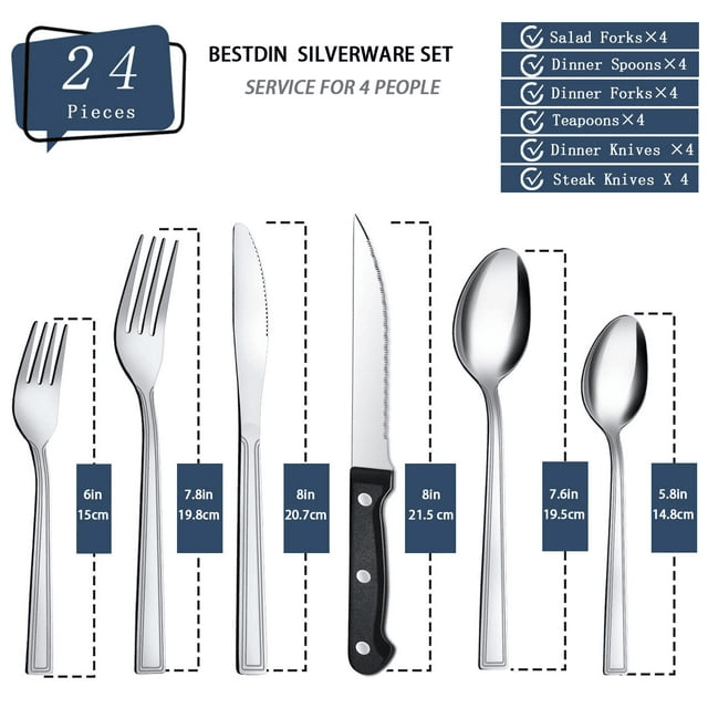 Bestdin 24 Pieces Silverware Set with Steak Knives, Stainless Steel Flatware Sets Service for 4, Mirror Polished Pattern Design Tableware Sets for Home Kitchen Restaurant Hotel, Dishwasher Safe