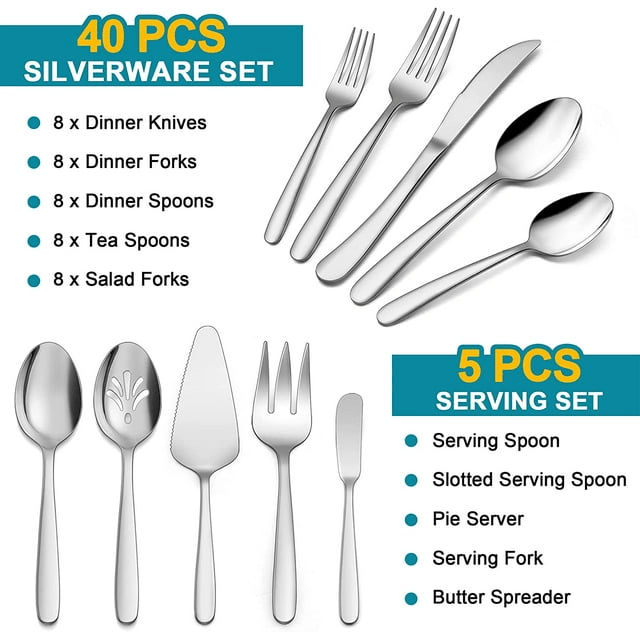 Vesteel 45 Piece Modern Silverware Set with Serving Utensils, Stainless Steel Flatware Cutlery Set for 8, Eating Utensils Tableware Include Forks Knives Spoons, Heavy Duty & Mirror Finished