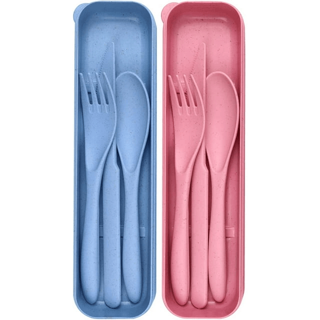 2 Pack Reusable Travel Utensils Set with Case, Wheat Straw Portable Knife Fork Spoons Tableware, Eco-Friendly Cutlery for Kids Adults Travel Picnic Camping Utensils, Blue and Pink