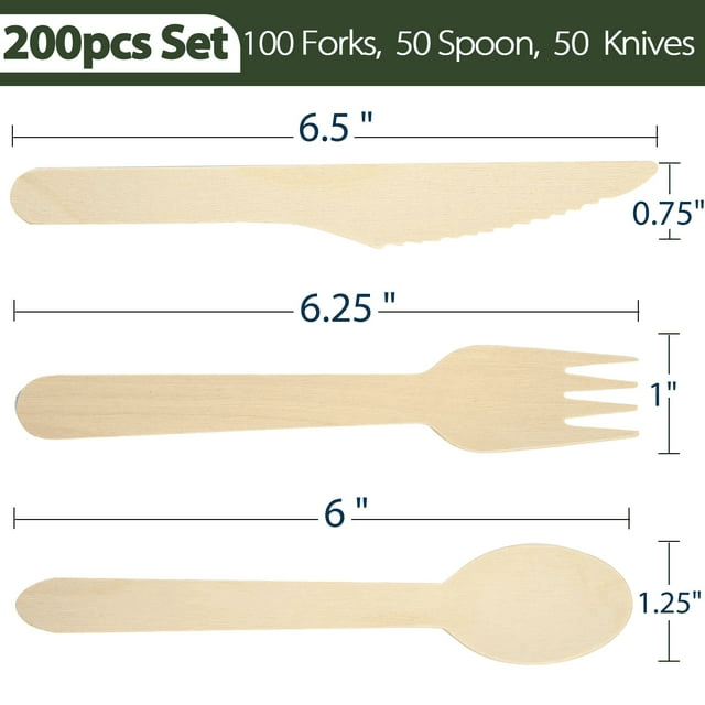 LotFancy 200 Count Disposable Wooden Cutlery Set, Biodegradable Utensils, 100 Forks, 50 Spoons, 50 Knives