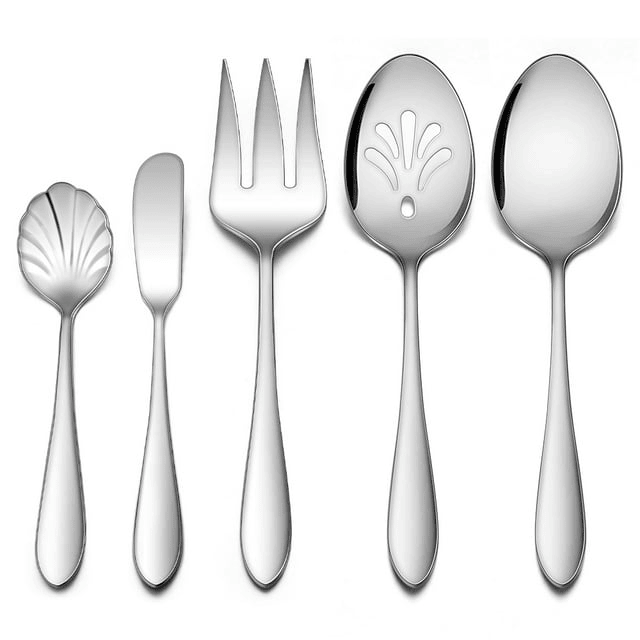 Walchoice 5-Piece Serving Set, Stainless Steel Hostess Serving Set for Wedding Banquet Buffet, Includes Slotted Spoon, Serving Spoon, Serving Fork, Butter Knife & Sugar Spoon