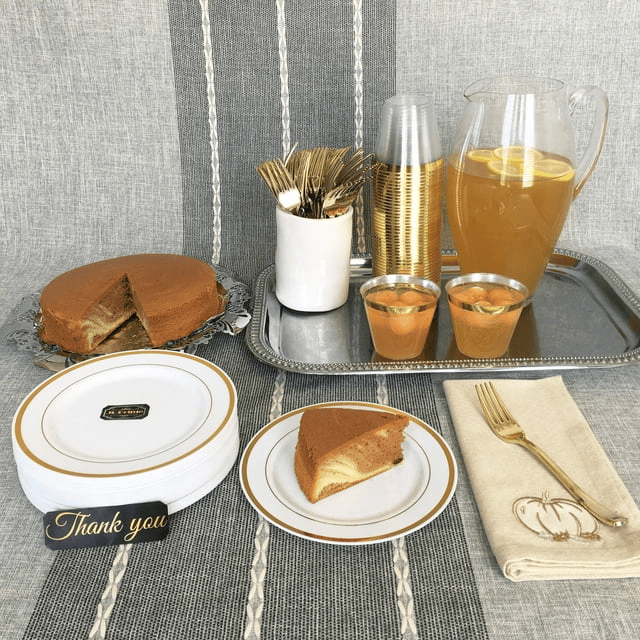 JL Prime 125 Piece Gold Plastic Plates & Cutlery Set, Re-usable Recyclable Plastic Plates with Gold Rim & Silverware, 25 Dinner Plates, 25 Salad Plates, 25 Forks, 25 Knives, 25 Spoons