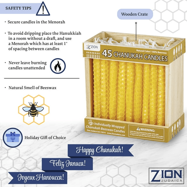 Zion Judaica Natural Beeswax Hanukkah Candles Set In A Wooden Crate Honeycomb Design Chanukkah Celebration Candles Honey Scented Aroma Candle Set of 45 Yellow bees Wax Chanukah Candle Set Holiday Gift