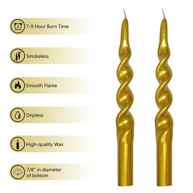 FCMSHAMD 9.8" Gold Spiral Taper Candles Sticks for Wedding DInner Decoration ,Unscente Dripless Smokeless Pack of 2