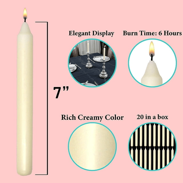 7 Inch Ivory Taper Candles 6 Hour Burning Candle Decorate Your Dinner Wedding Table Dripless&nbsp;and Smokeless Candle Unscented Fits Most candlesticks -20 Pack Household Candles