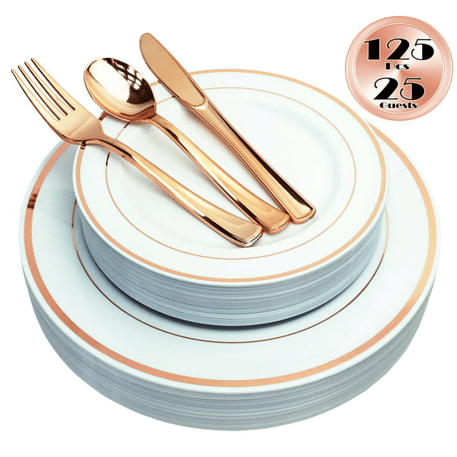 JL Prime 125 Piece Rose Gold Plastic Plates & Cutlery Set, Re-usable Recyclable Plastic Plates with Rose Gold Rim & Silverware, 25 Dinner Plates, 25 Salad Plates, 25 Forks, 25 Knives, 25 Spoons