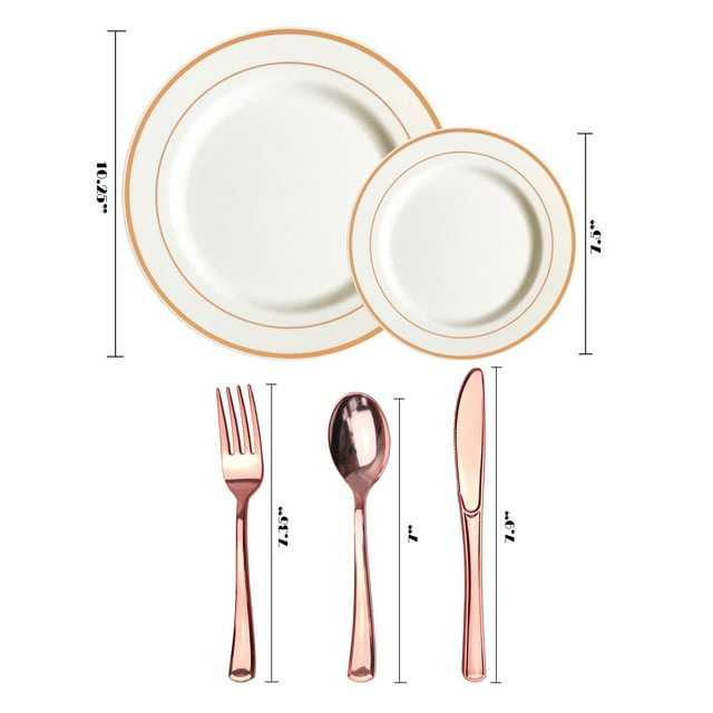 JL Prime 125 Piece Rose Gold Plastic Plates & Cutlery Set, Re-usable Recyclable Plastic Plates with Rose Gold Rim & Silverware, 25 Dinner Plates, 25 Salad Plates, 25 Forks, 25 Knives, 25 Spoons