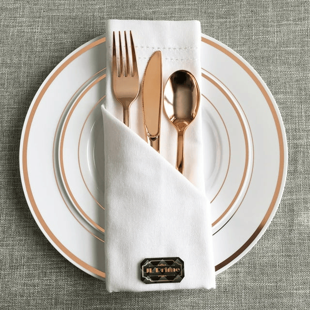 JL Prime 125 Piece Rose Gold Plastic Plates & Cutlery Set, Re-usable Recyclable Plastic Plates with Rose Gold Rim & Silverware, 25 Dinner Plates, 25 Salad Plates, 25 Forks, 25 Knives, 25 Spoons