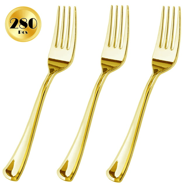 JL Prime 280 Piece Gold Plastic Forks Set, Re-Usable Recyclable Plastic Forks, Gold Plastic Forks, Great for Wedding, Anniversary, Rehearsal, Shower Events