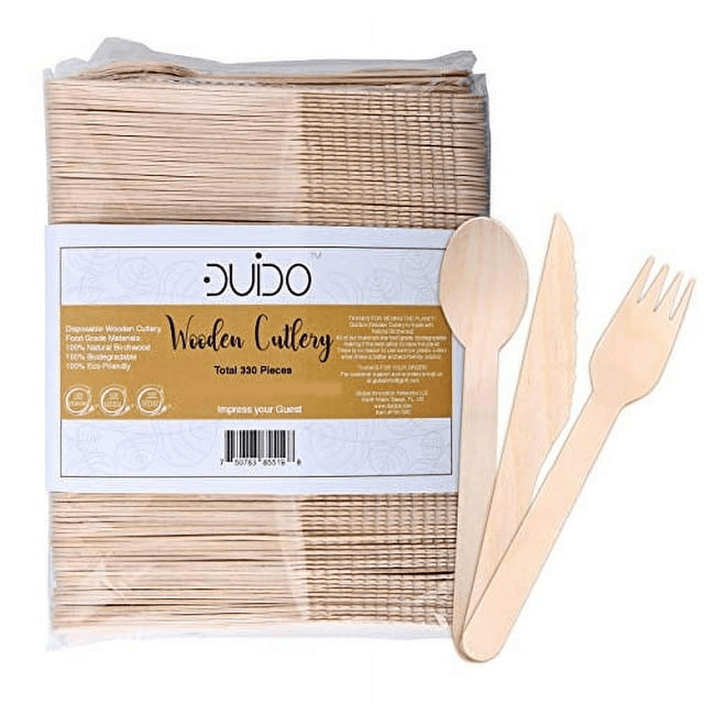 Disposable Wooden Cutlery Utensils Set ?(Pack of 275) 110 Forks 55 Knives 110 Spoons, 5.5-inch Set Eco-Friendly Compostable Silverware Kit Biodegradable Party Supplies Events