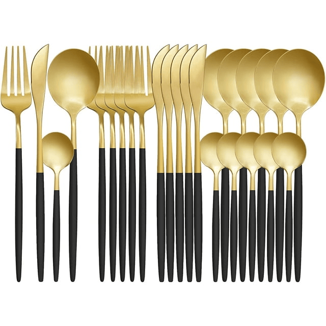 24-Piece Flatware Set, Gold Flatware Set for 6 , Black and Gold Flatware, Stainless Steel Knife Fork Spoon, Home Dinnerware Tableware Set for 6, Cutlery Set, Include Knives/Forks/Spoons Gold/Black