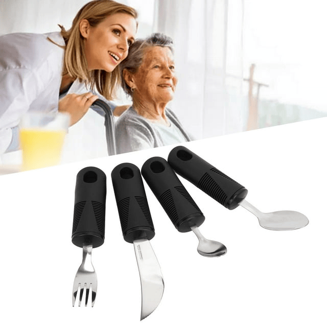 Weighted Utensils, Parkinsons Utensils Rubber Handle 4 Pieces Nonslip Grip For Parkinson