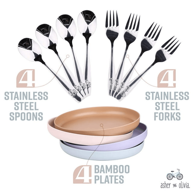 Bamboo Plates and Stainless Steel Silverware Set ¨C (12-Piece) 4 Plates 8 Inch, 4 Forks and 4 Spoons ¨C Eco-Friendly BPA Free, Self Feeding Dishwasher Safe Tableware Set for Preschooler Toddler and Kids