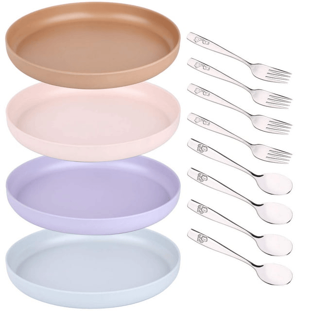 Bamboo Plates and Stainless Steel Silverware Set ¨C (12-Piece) 4 Plates 8 Inch, 4 Forks and 4 Spoons ¨C Eco-Friendly BPA Free, Self Feeding Dishwasher Safe Tableware Set for Preschooler Toddler and Kids