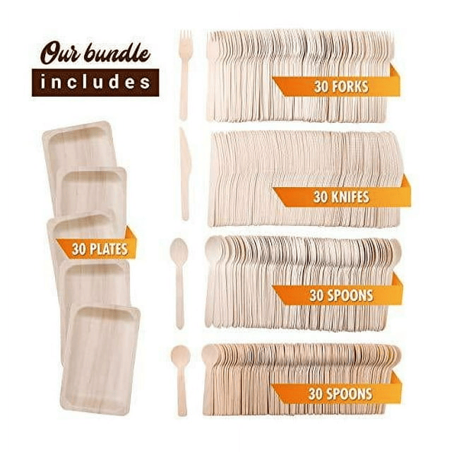 Disposable Wooden Cutlery Utensils Set ¨C (Pack of 270) 55 7.8-inch Plates 55 Forks 55 Knives 55 Spoons 50 Small Spoons Eco-Friendly Silverware Compostable Flatware Biodegradable Better T