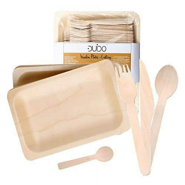 Disposable Wooden Cutlery Utensils Set ¨C (Pack of 270) 55 7.8-inch Plates 55 Forks 55 Knives 55 Spoons 50 Small Spoons Eco-Friendly Silverware Compostable Flatware Biodegradable Better T