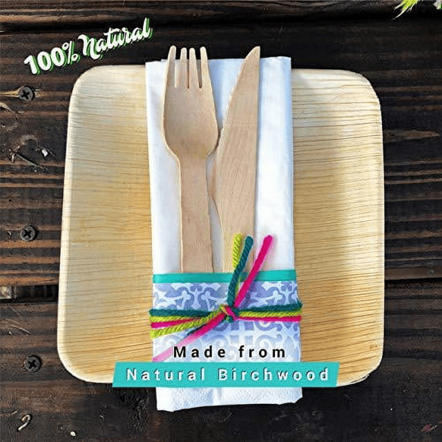 Disposable Wooden Cutlery Utensils Set ¨C (Pack of 270) 55 7.8-inch Plates 55 Forks 55 Knives 55 Spoons 50 Small Spoons Eco-Friendly Silverware Compostable Flatware Biodegradable Better T